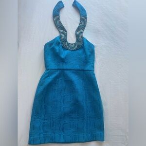 Laundry by Shelli Segal turquoise beaded halter dress